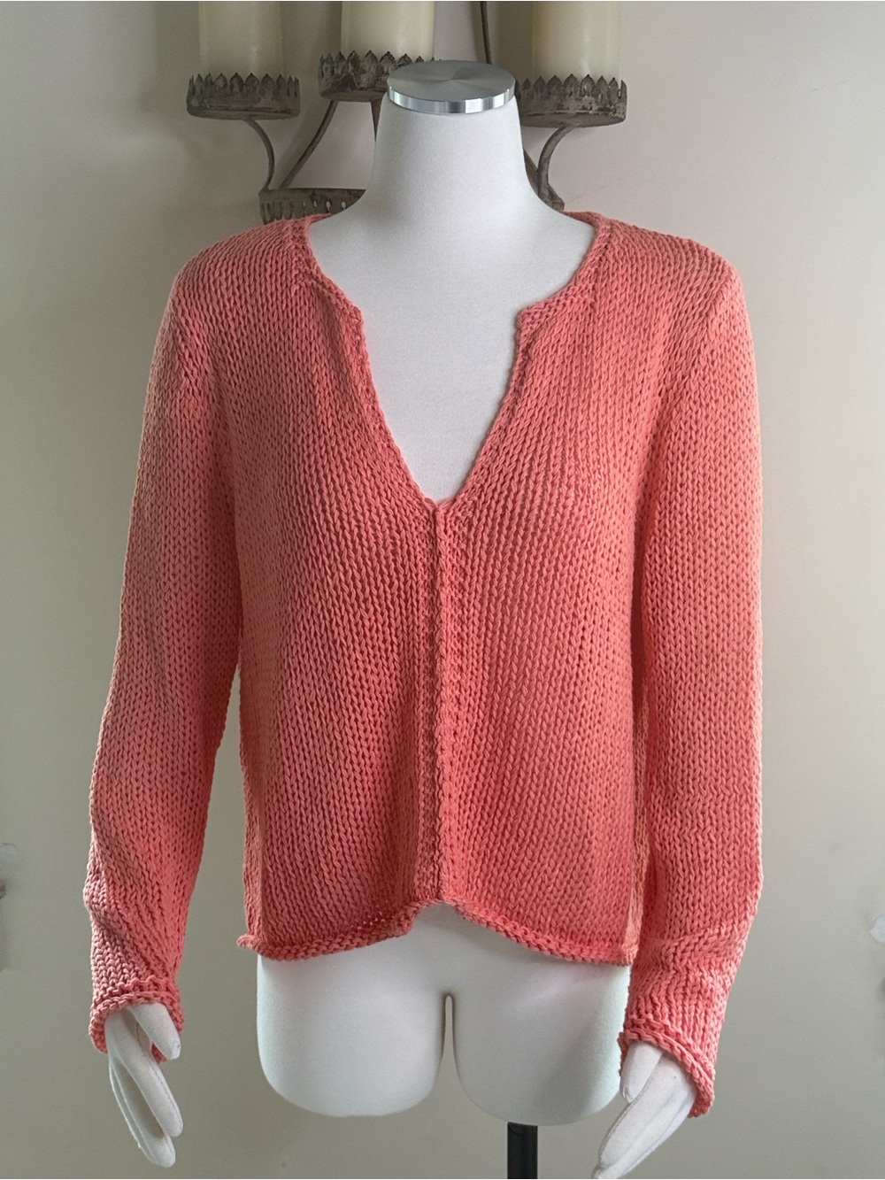 Wooden Ships Women's Lightweight Open-Knit V-Neck Sweater - Coral